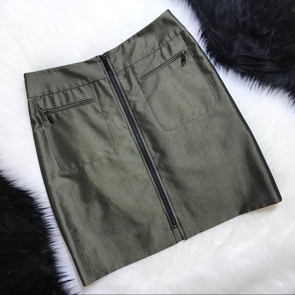 Etcetera Metallic Olive Green Zip Front Skirt